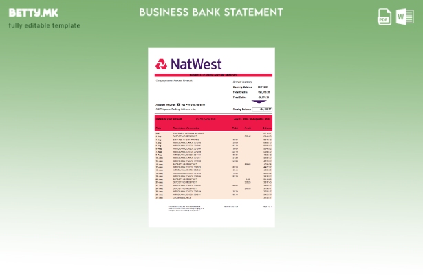 Модерен стил Извод на претпријатие за сметка на NatWest Bank Шаблон Word и PDF
